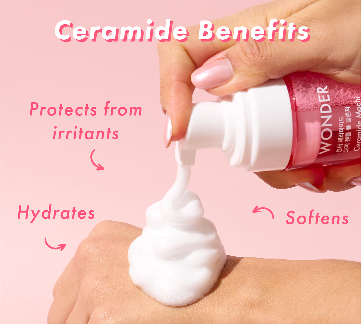 DIY Skincare Lab™ Wonder Ceramide Mochi Gentle Foam Cleanser being dispensed as a soft white foam onto a hand.