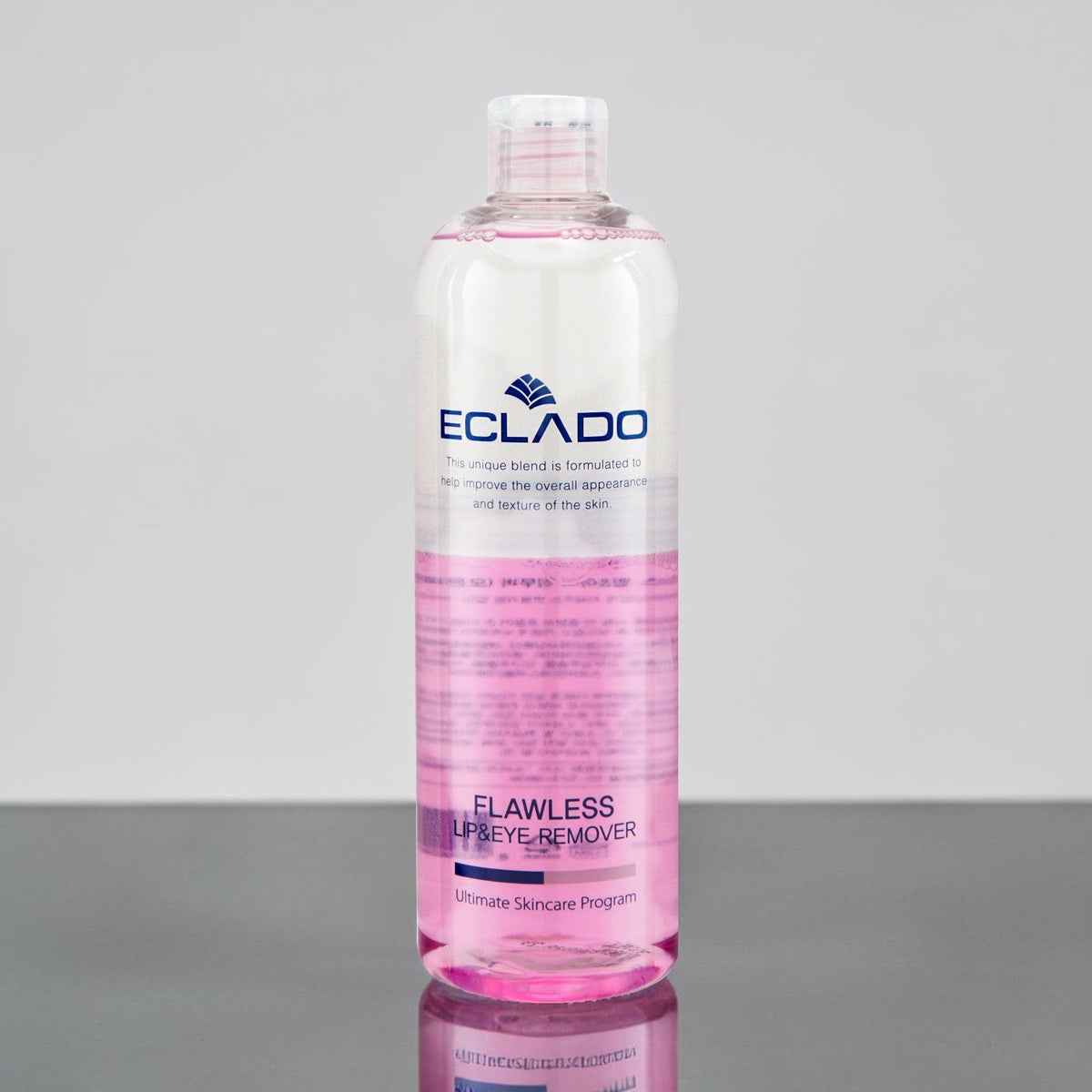 DIY Skincare Lab™ ECLADO Flawless two-phase lip and eye makeup remover in a clear 200ml bottle with pink liquid.