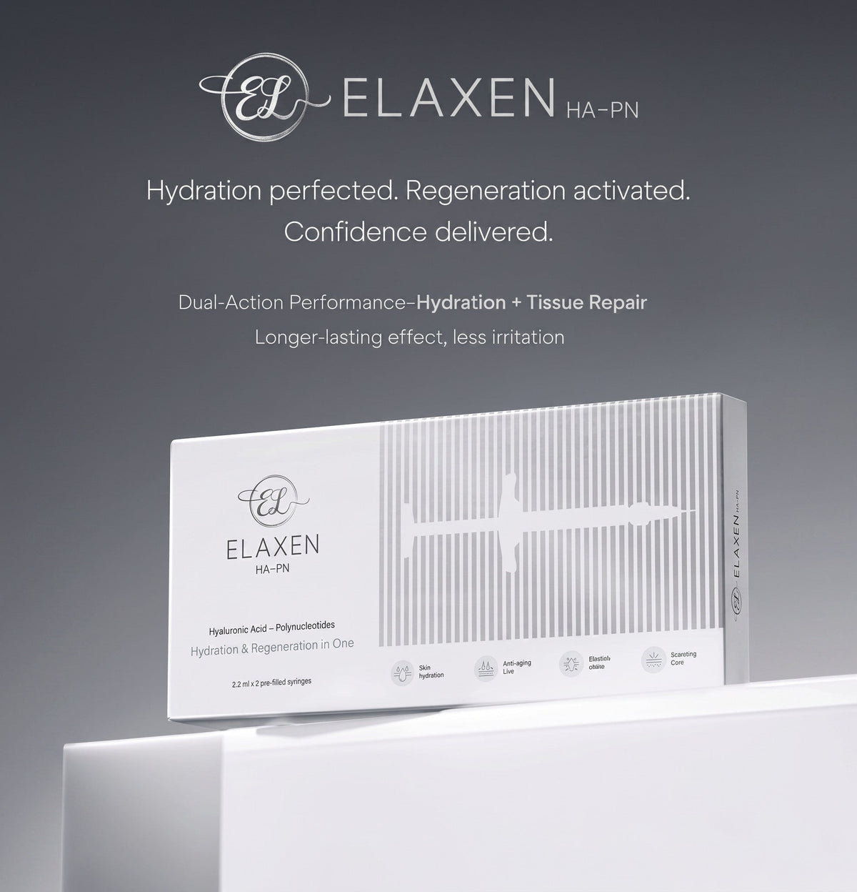 DIY Skincare Lab™ ELAXEN HA-PN dual-action bio-revitalizing skin complex box with hyaluronic acid and polynucleotides.