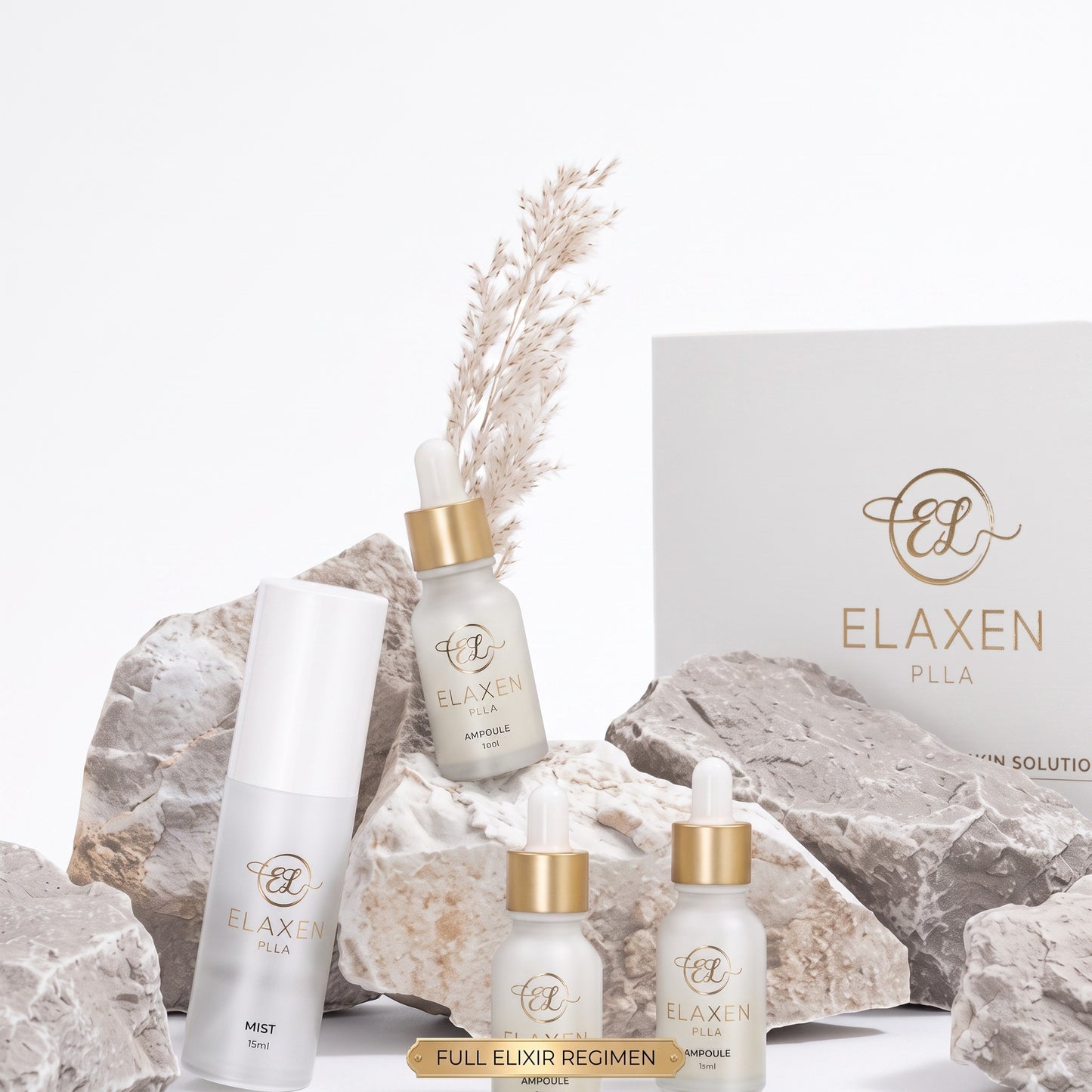 DIY Skincare Lab™ Elaxen PLLA mask regimen set with ampoule bottles, mist, and packaging on decorative stone display.
