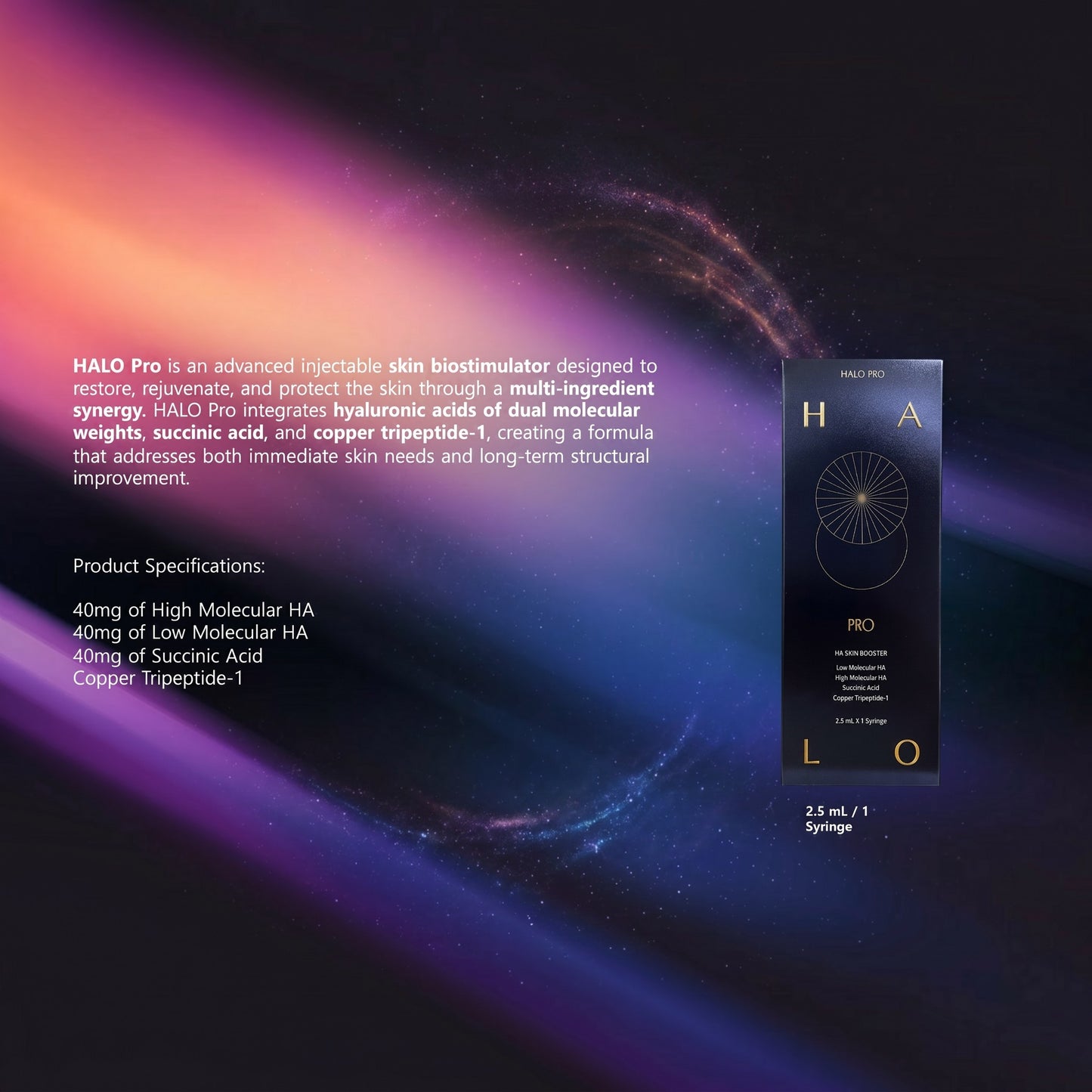 DIY Skincare Lab™ HALO Pro skin booster box featuring hyaluronic acid and copper tripeptide-1 on a cosmic background.