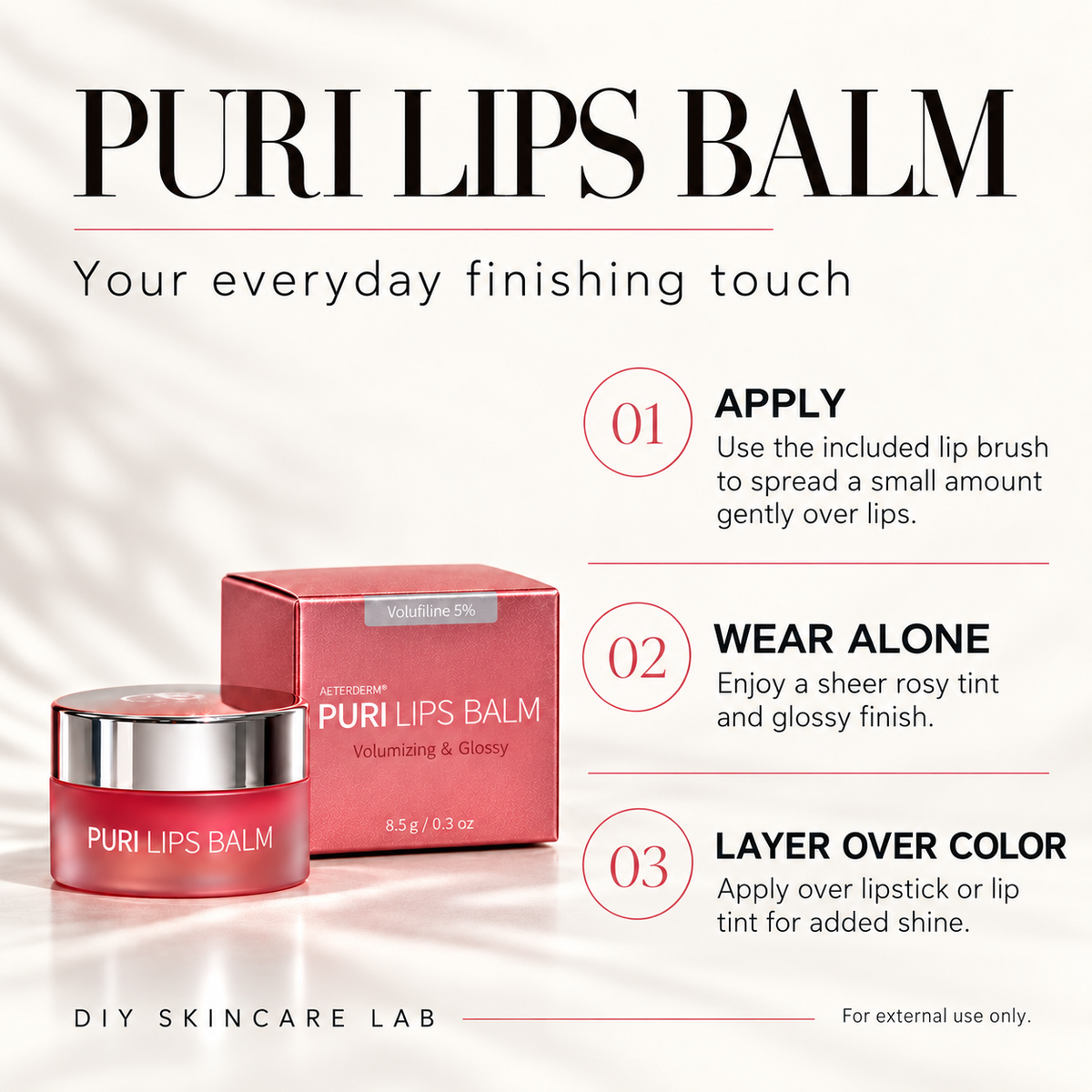 DIY Skincare Lab PURI Lips Balm with Volufiline in a red jar and box, featuring application instructions and benefits.