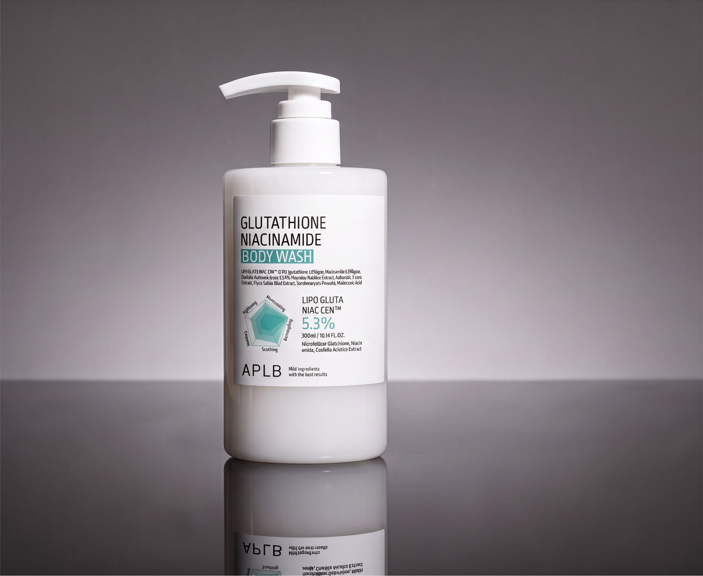 DIY Skincare Lab™ APLB Glutathione Niacinamide Body Wash in a white pump bottle for brightening and hydration.