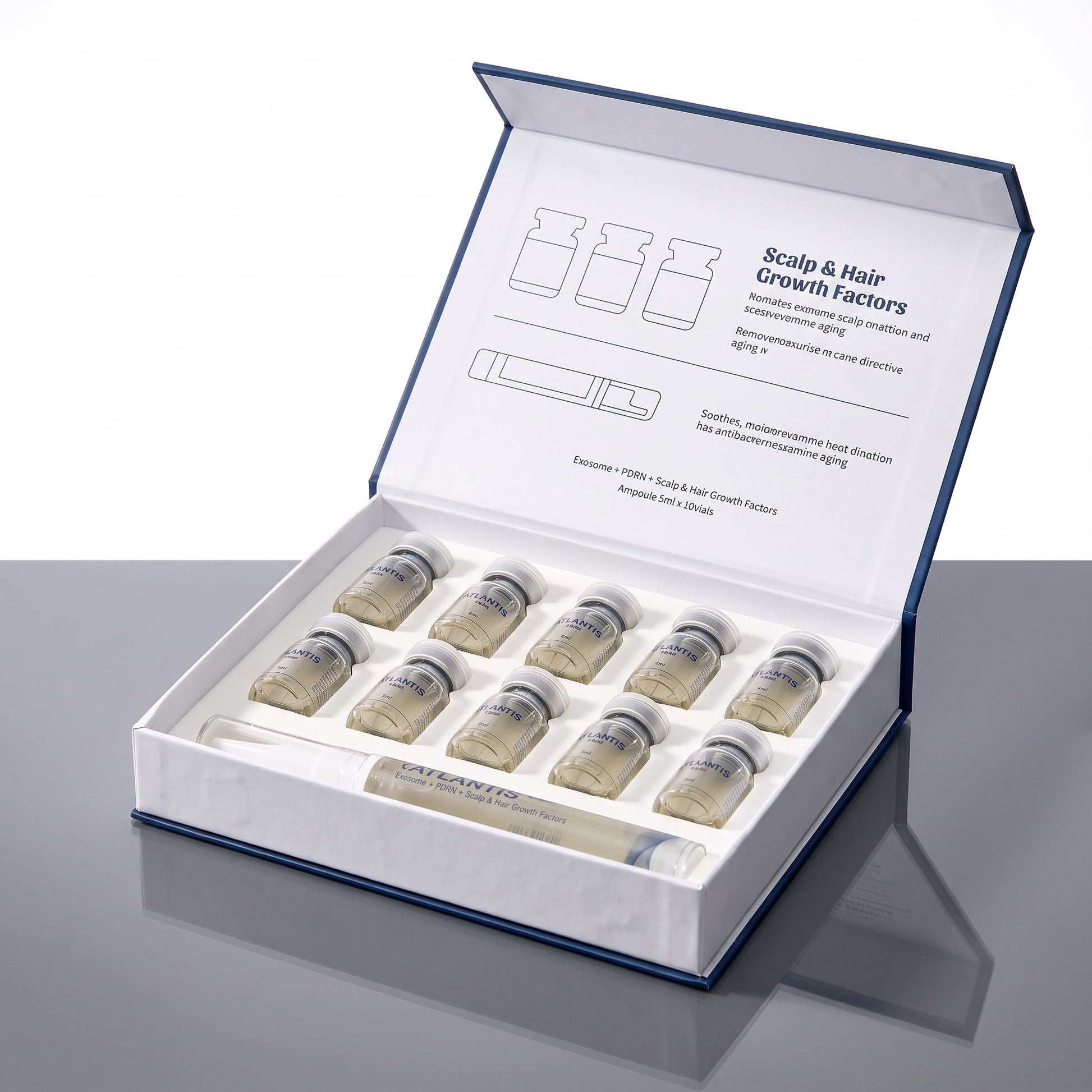 DIY Skincare Lab™ Atlantis Hair Advanced Scalp Solution set with ten 5ml ampoules and a 15ml soothing moisturizer.