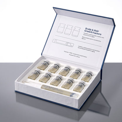DIY Skincare Lab™ Atlantis Hair Advanced Scalp Solution set with ten 5ml ampoules and a 15ml soothing moisturizer.