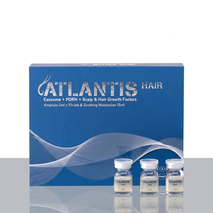 DIY Skincare Lab™ Atlantis Hair advanced scalp solution kit with blue box and three small glass ampoules.