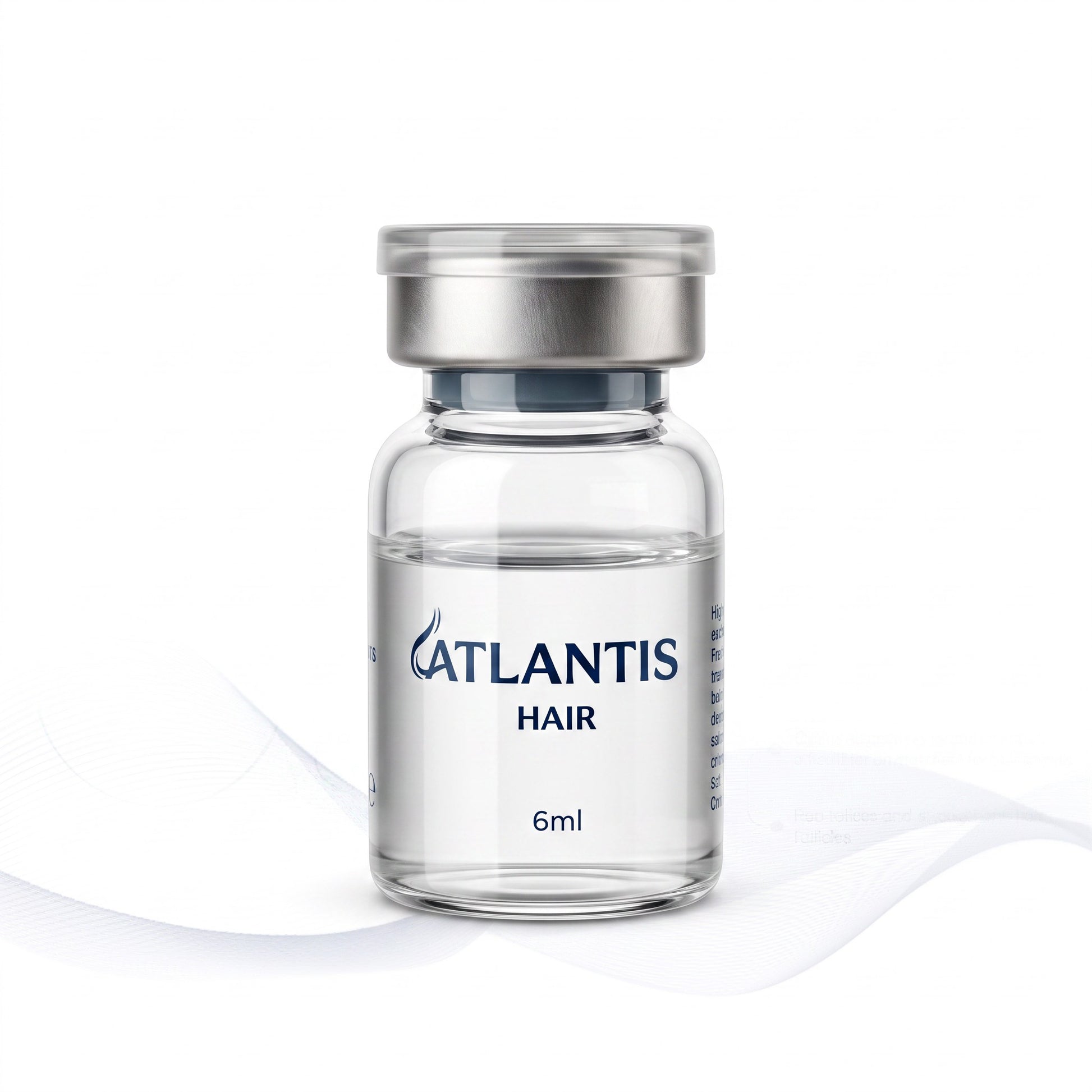 DIY Skincare Lab™ Atlantis Hair advanced scalp solution vial featuring a clear glass bottle with silver cap.