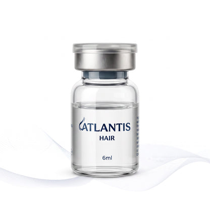DIY Skincare Lab™ Atlantis Hair advanced scalp solution vial featuring a clear glass bottle with silver cap.