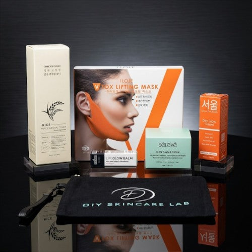 DIY Skincare Lab™ Glow & Lift Beauty Box featuring K-beauty toner, lifting masks, caviar cream, serum, and lip balm.