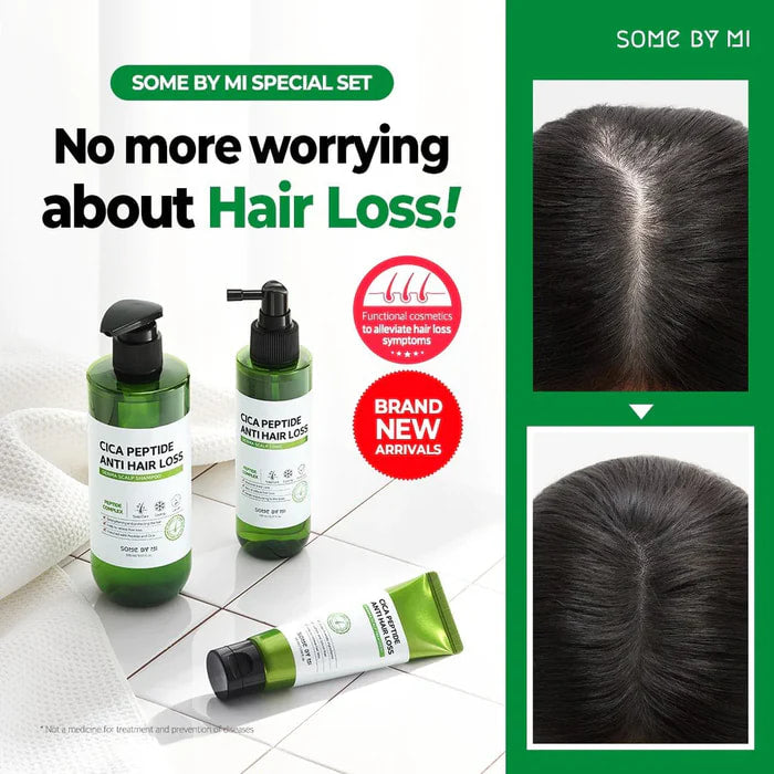 DIY Skincare Lab™ Some By Mi Cica Peptide hair loss set including shampoo, scalp tonic, and treatment cream.