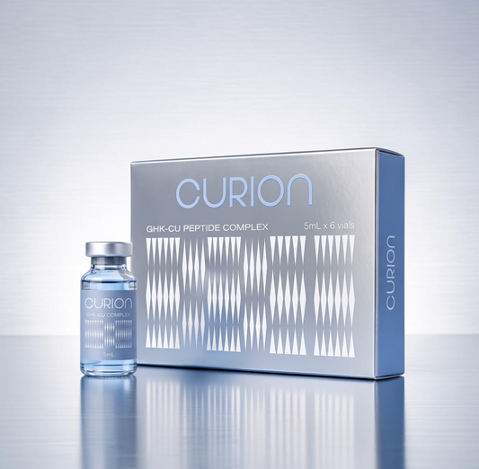 DIY Skincare Lab™ CURION GHK-Cu bio-revitalizing peptide complex set with one 5ml vial and a six-vial storage box.