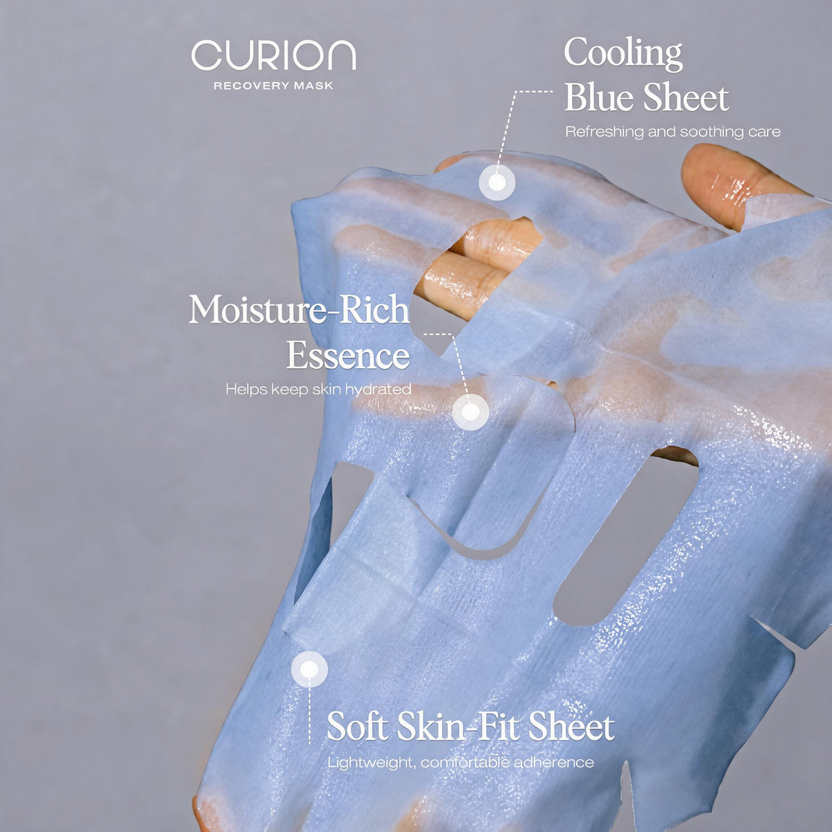 DIY Skincare Lab™ Curion Recovery Mask, a cooling blue bio-cellulose sheet mask for soothing and hydrating skin.