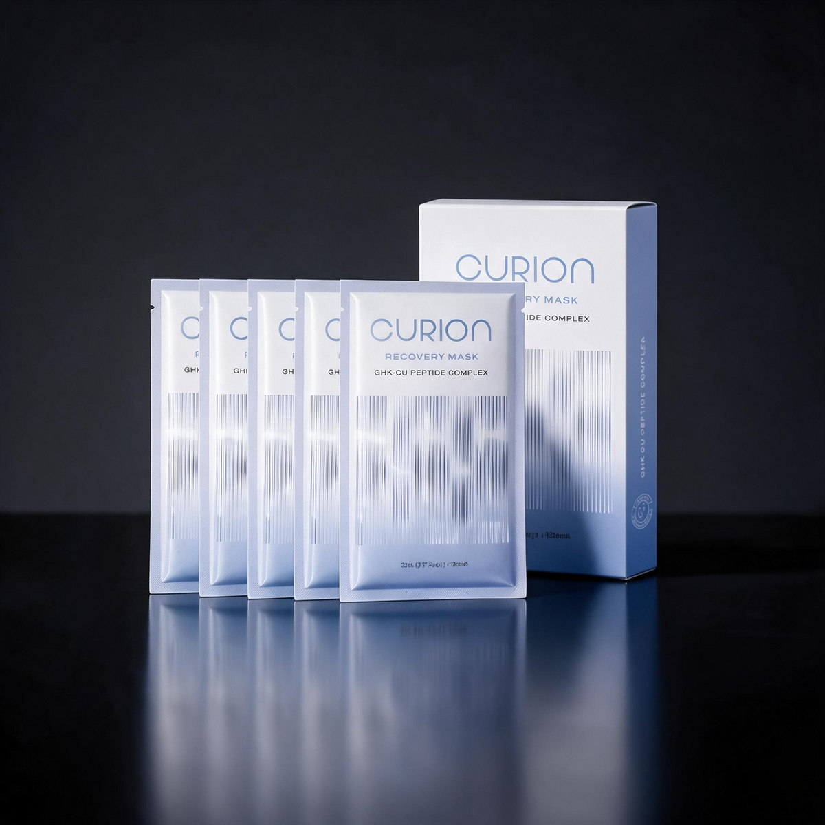 DIY Skincare Lab™ Curion Recovery Mask set featuring a white box and 10 individual sheet mask sachets.
