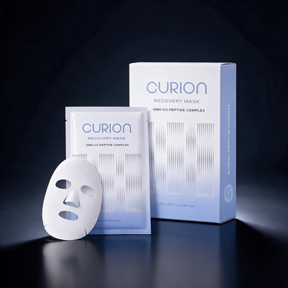 DIY Skincare Lab™ CURION Recovery Mask set with a white sheet mask, individual sachet, and outer product box.