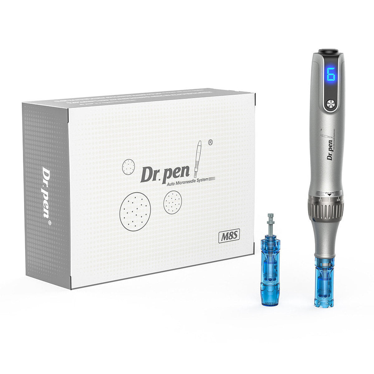 DIY Skincare Lab™ Dr. Pen M8S microneedling device with digital display, blue cartridges, and branded storage box.