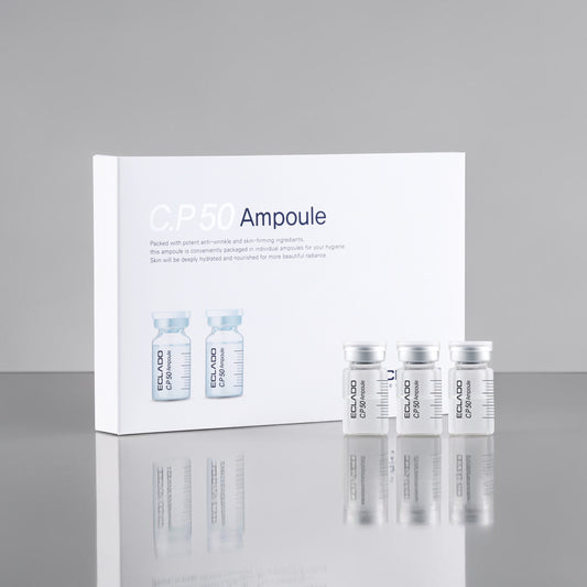 DIY Skincare Lab™ ECLADO C.P. 50 Ampoule set featuring a white box and three individual glass vials for firming skin.