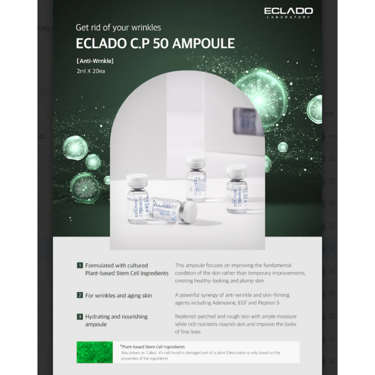 DIY Skincare Lab™ ECLADO C.P. 50 Ampoule set for anti-aging and skin firming with peptide complex and botanical extracts.