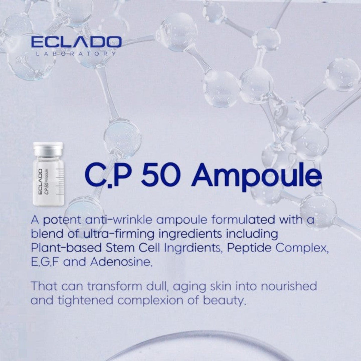 DIY Skincare Lab ECLADO C.P. 50 Ampoule firming serum bottle against a background of molecular structures