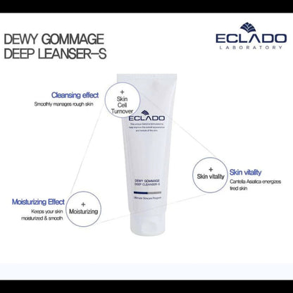 DIY Skincare Lab™ ECLADO Dewy Gommage Deep Cleansing-S tube with product benefits listed on a white background.