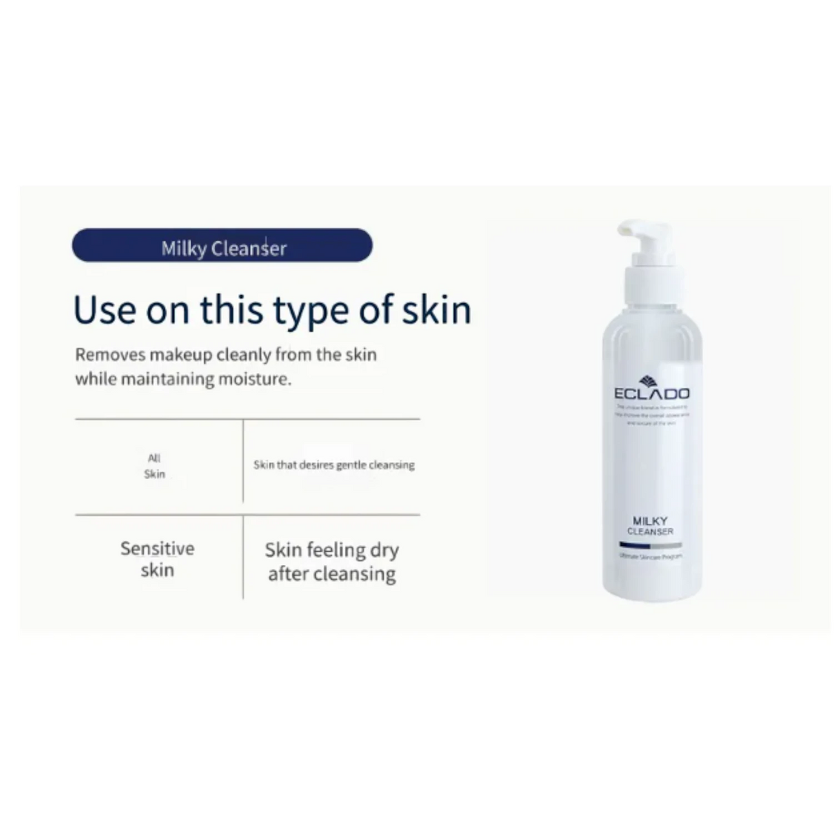 DIY Skincare Lab™ Eclado Milky Cleanser bottle shown with product benefits and skin type suitability text