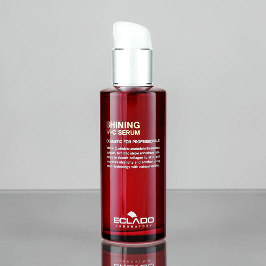 DIY Skincare Lab™ ECLADO Shining V-C Serum in a dark red bottle for brightening and hyperpigmentation treatment.