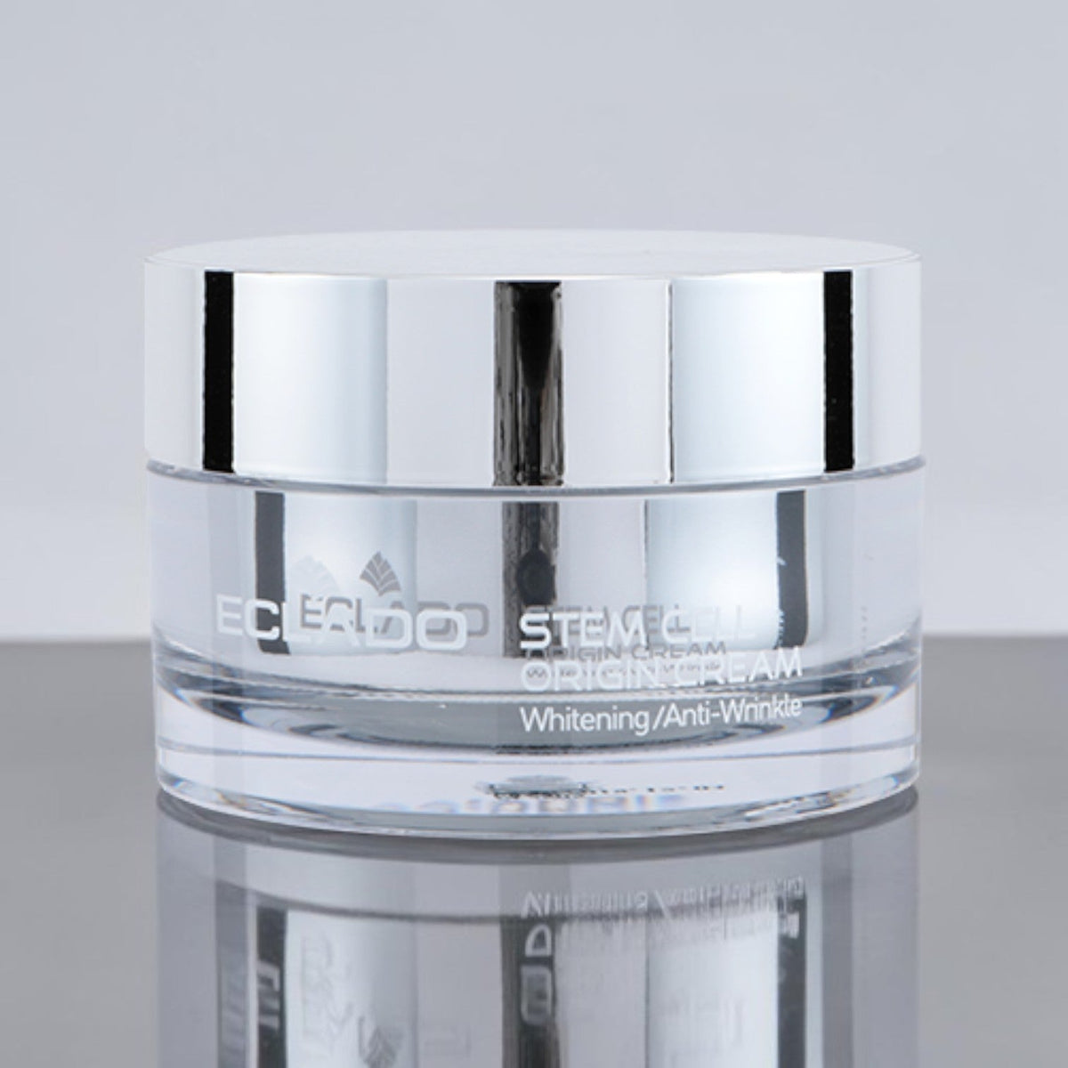 DIY Skincare Lab™ ECLADO Stem Cell Origin Cream in a clear jar with a reflective silver lid for anti-aging care.