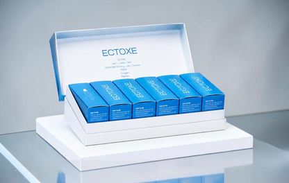 DIY Skincare Lab™ Ectoxe 5th Generation Exosome Skin Booster set featuring six blue vials in a white presentation box.