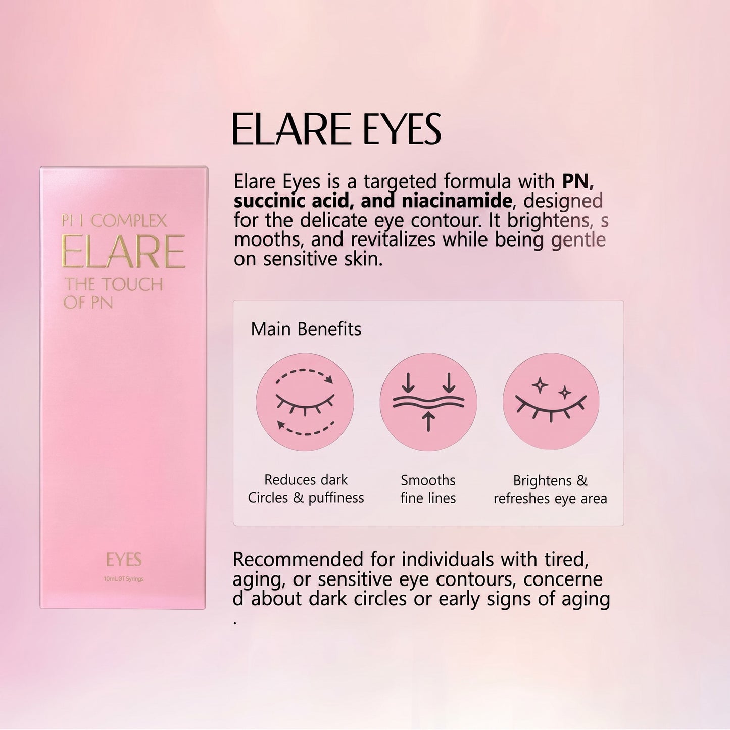DIY Skincare Lab™ Elare Eyes skin booster packaging with benefits icons for dark circles, fine lines, and brightness.