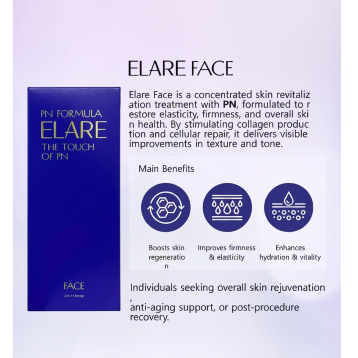 DIY Skincare Lab™ Elare Face skin booster box with benefits infographic showing regeneration, elasticity, and hydration