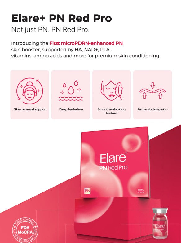 DIY Skincare Lab Elare RED PRO skin booster set with red packaging, vials, and icons showing skincare benefits.