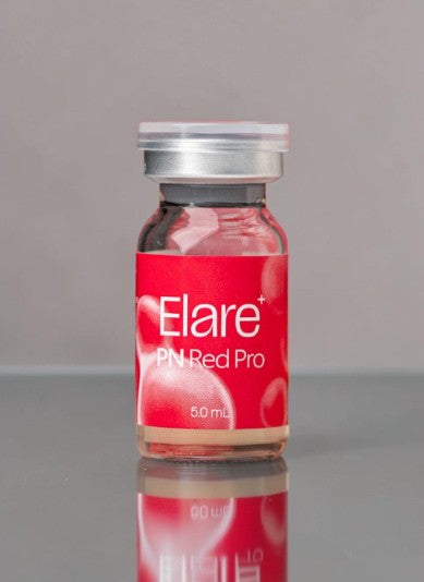 DIY Skincare Lab Elare RED PRO skin booster serum in a 5ml glass vial with a red label for hydration and radiance.