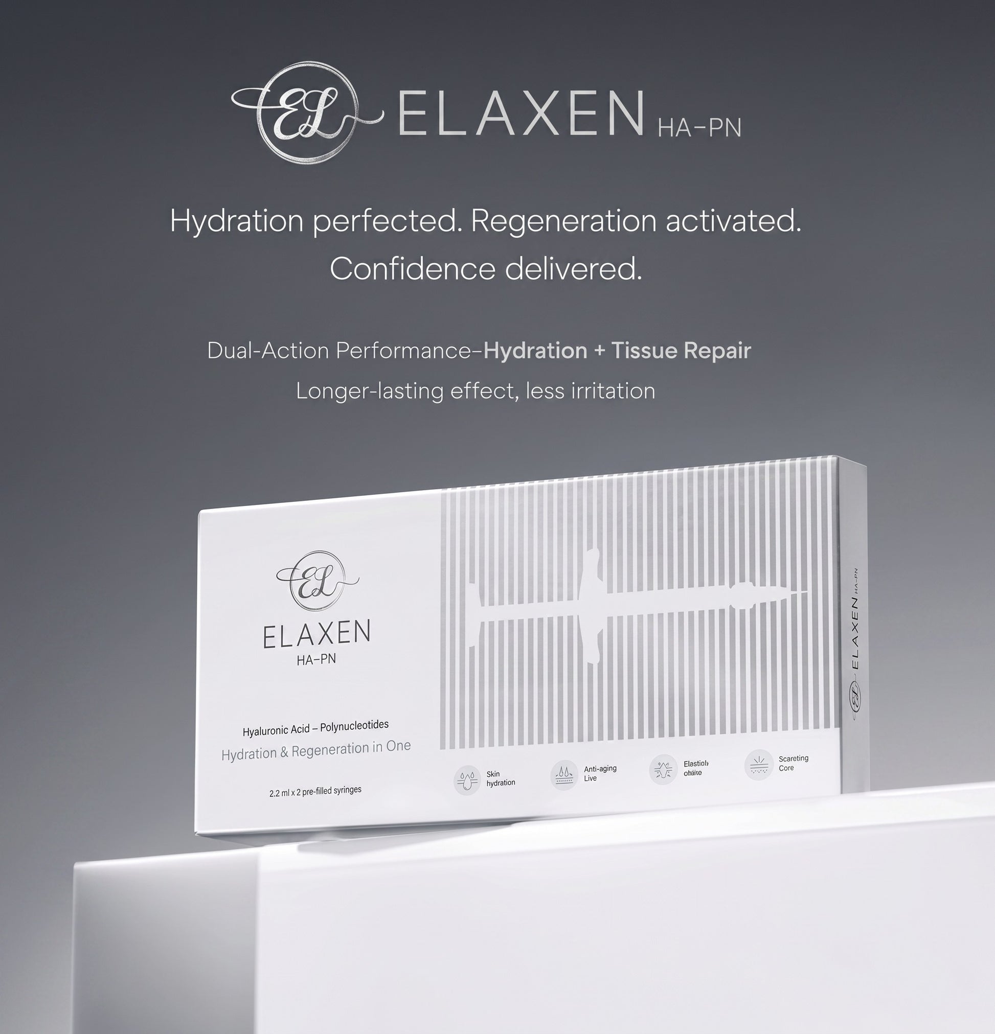 DIY Skincare Lab™ Elaxen HA-PN skin revitalization box featuring hyaluronic acid and polynucleotides for hydration.