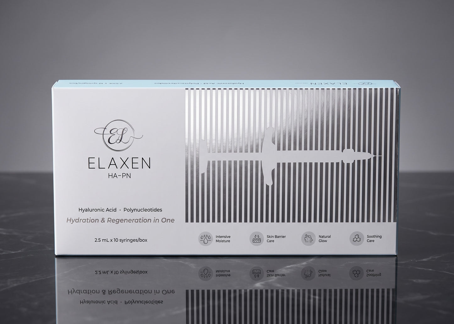 DIY Skincare Lab™ Elaxen HA-PN skin revitalization box featuring silver syringe graphic and hyaluronic acid details.