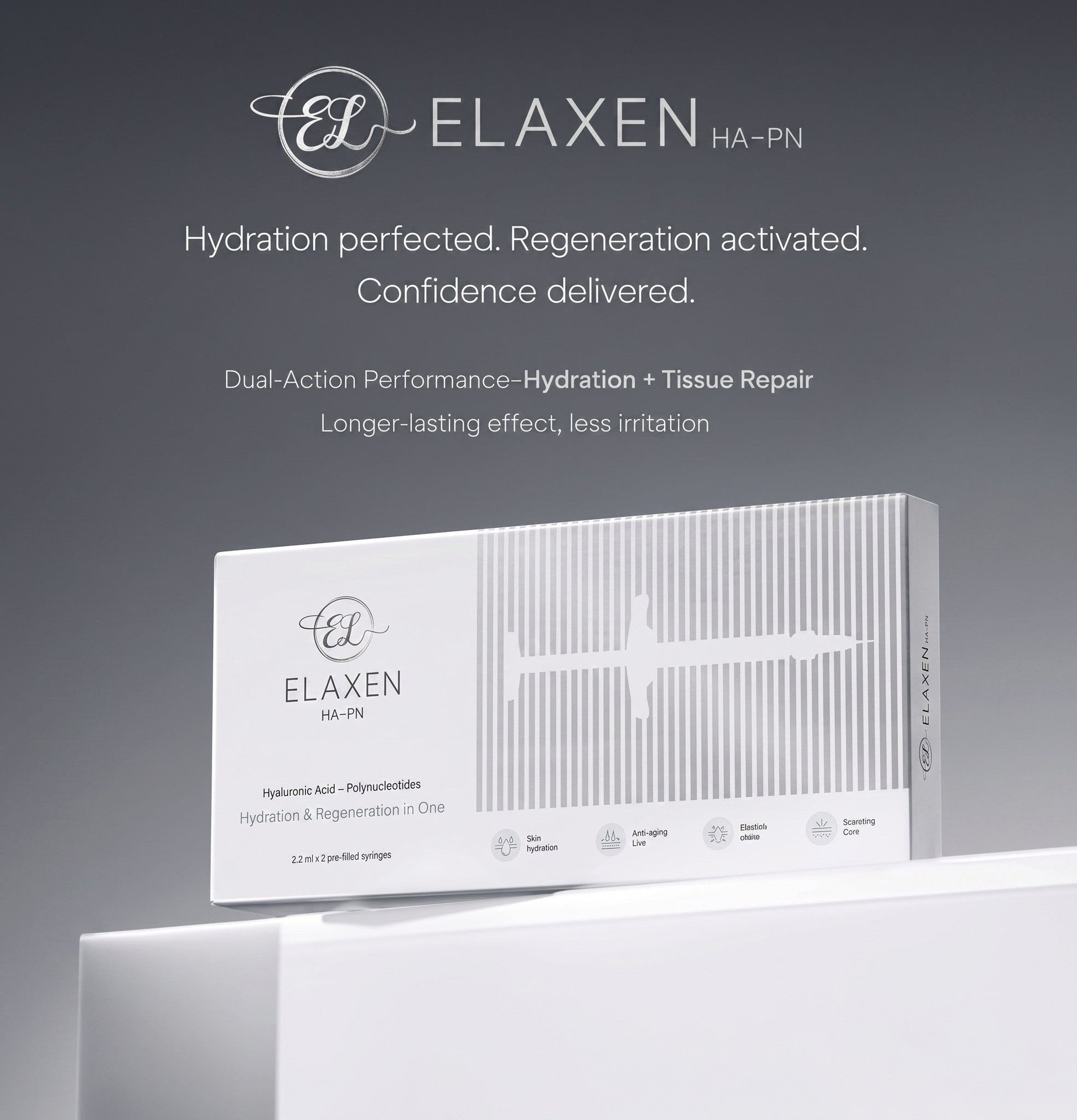 DIY Skincare Lab™ Elaxen HA-PN skin revitalization box featuring hyaluronic acid and polynucleotides for hydration.