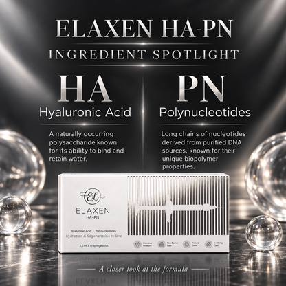 DIY Skincare Lab ELAXEN HA-PN product box featuring Hyaluronic Acid and Polynucleotides ingredient spotlight text.