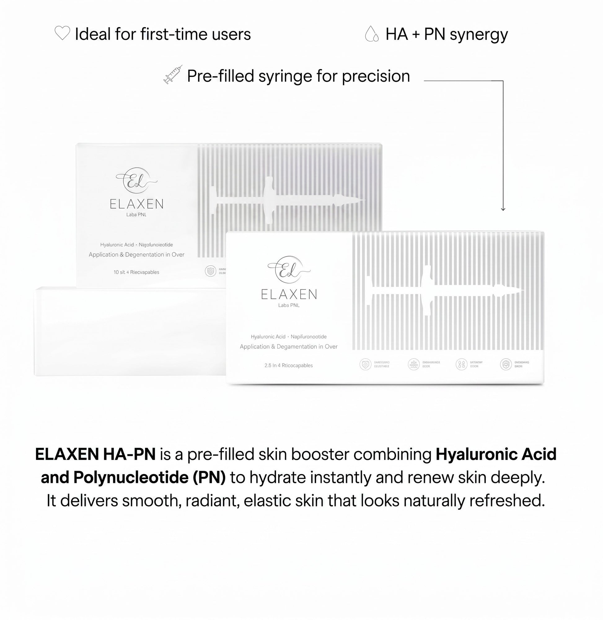 DIY Skincare Lab™ Elaxen HA-PN skin booster boxes featuring hyaluronic acid and polynucleotide formula for hydration.
