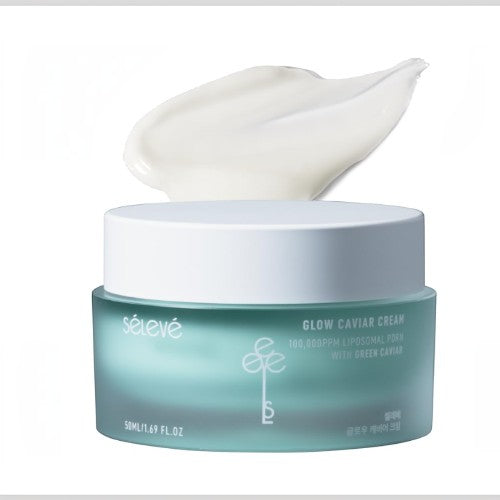 DIY Skincare Lab™ Sélevé Glow Caviar Cream in a teal jar with a white lid and a dollop of rich white face cream.