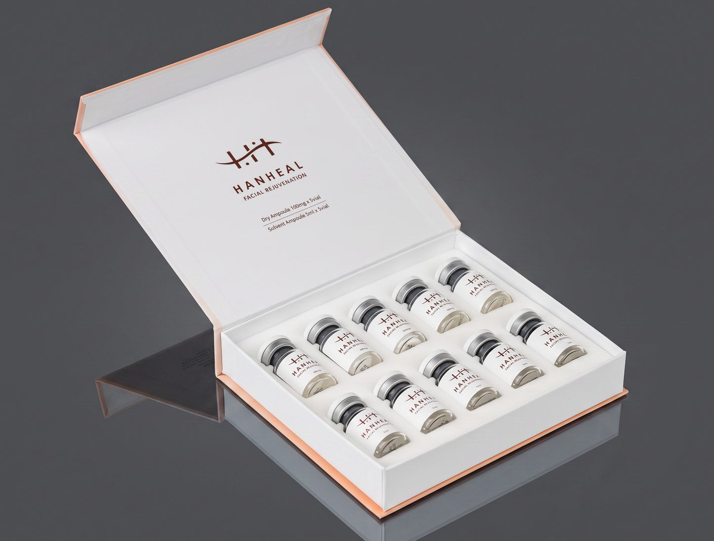 DIY Skincare Lab™ HANHEAL Exosome Facial Rejuvenation set with ten glass ampoules in a white presentation box.
