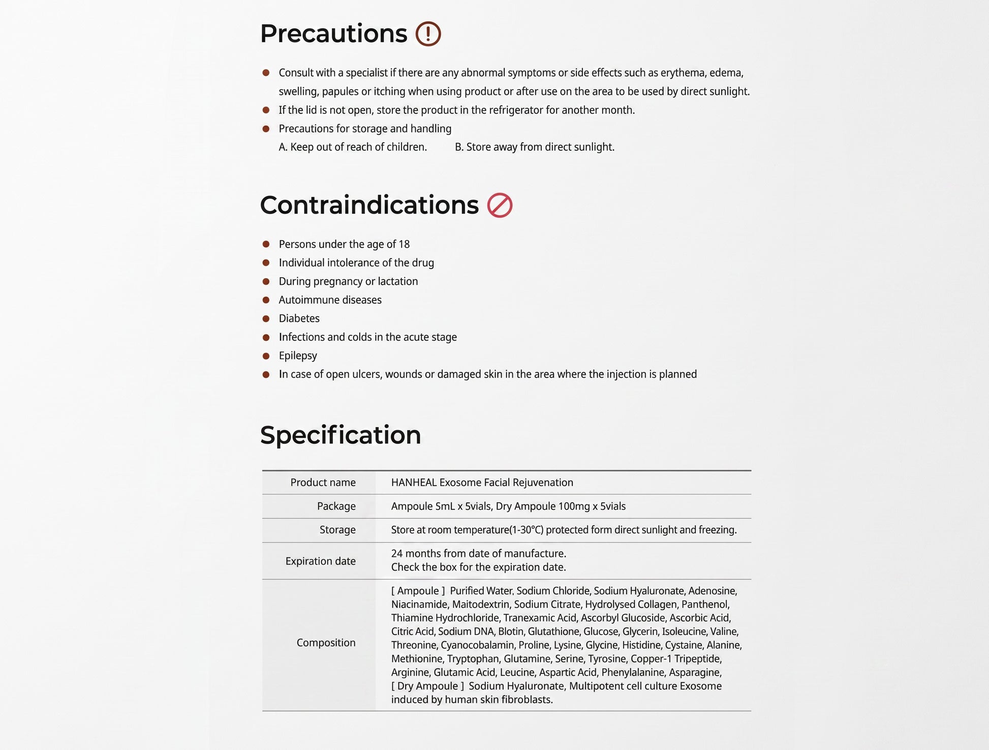 DIY Skincare Lab™ HANHEAL Exosome Facial Rejuvenation product specification table with ingredients and precautions.