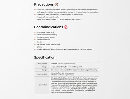 DIY Skincare Lab™ HANHEAL Exosome Facial Rejuvenation product specification table with ingredients and precautions.