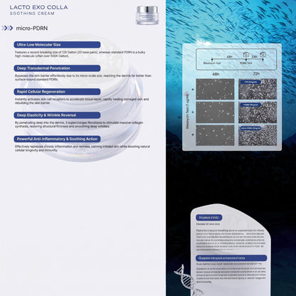 DIY Skincare Lab LXC Lacto Exo Colla Soothing Cream infographic showing micro-PDRN skin regeneration benefits