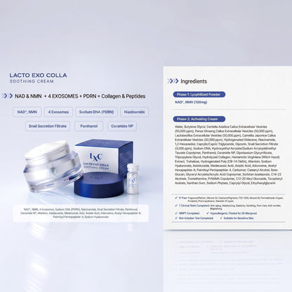 DIY Skincare Lab™ LXC Lacto Exo Colla Soothing Cream kit with freeze-dried NAD+ powder and activating exosome cream.