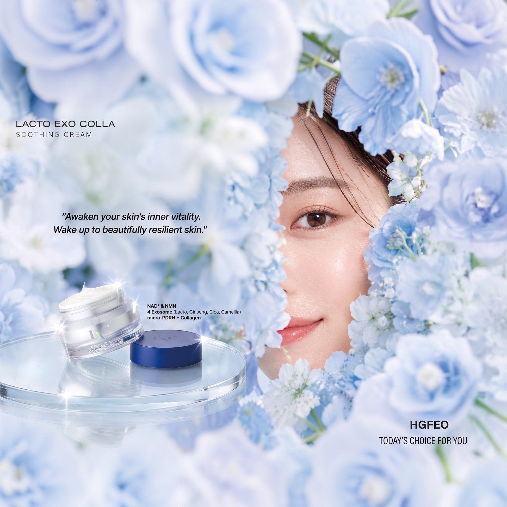 DIY Skincare Lab™ LXC Lacto Exo Colla Soothing Cream jar surrounded by blue flowers with a woman's face in the background
