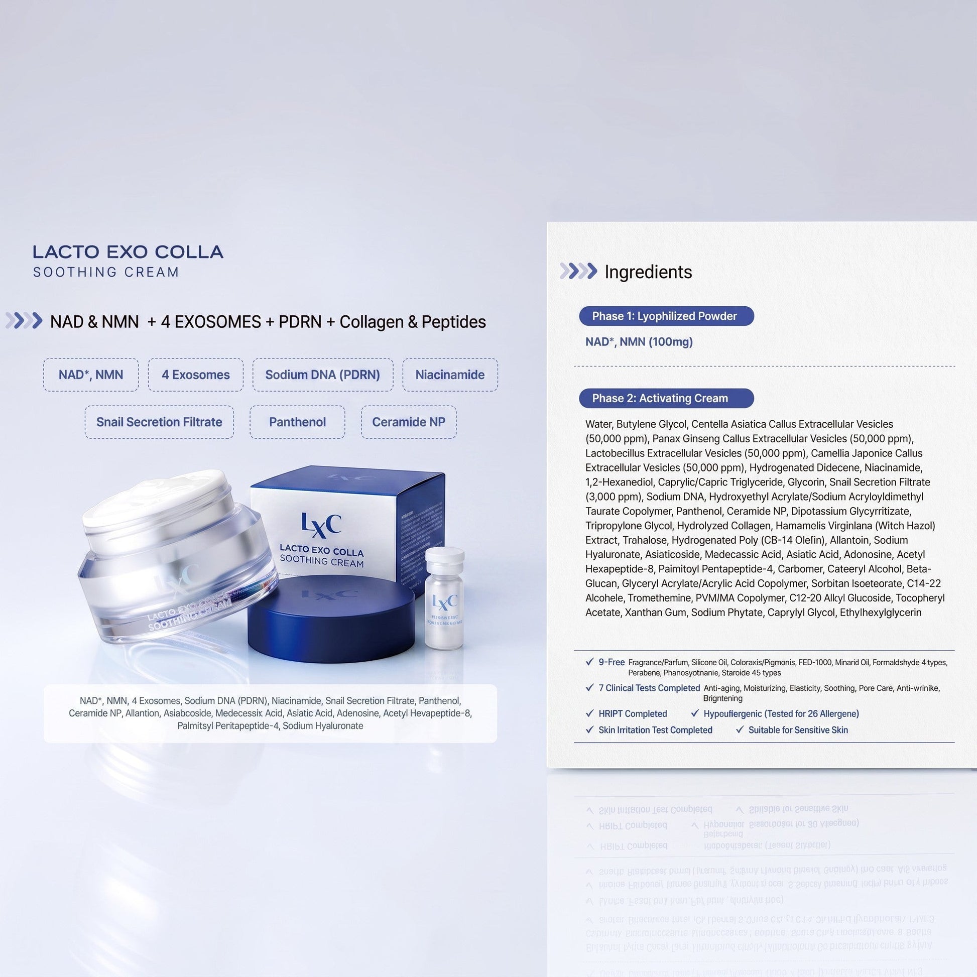 DIY Skincare Lab™ LXC Lacto Exo Colla Soothing Cream kit with freeze-dried NAD+ powder and activating exosome cream.