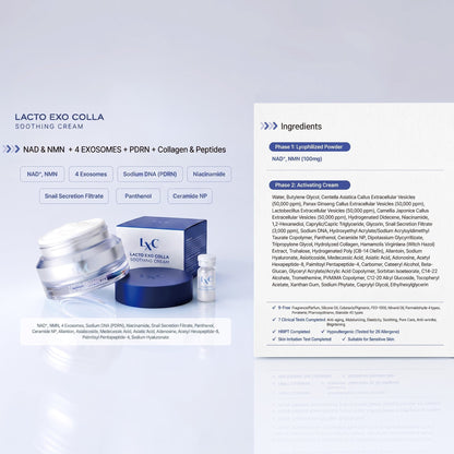 DIY Skincare Lab™ LXC Lacto Exo Colla Soothing Cream kit with freeze-dried NAD+ powder and activating exosome cream.