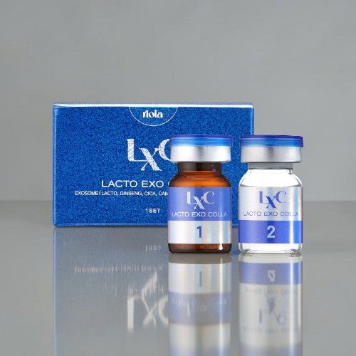 DIY Skincare Lab™ LXC Exo-Glow Synergy Set featuring two glass vials and a blue product box for skin renewal.