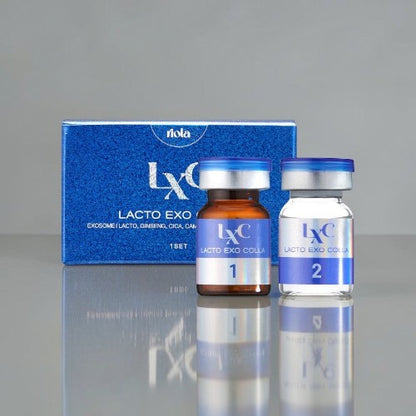 DIY Skincare Lab™ LXC Exo-Glow Synergy Set featuring two glass vials and a blue product box for skin renewal.