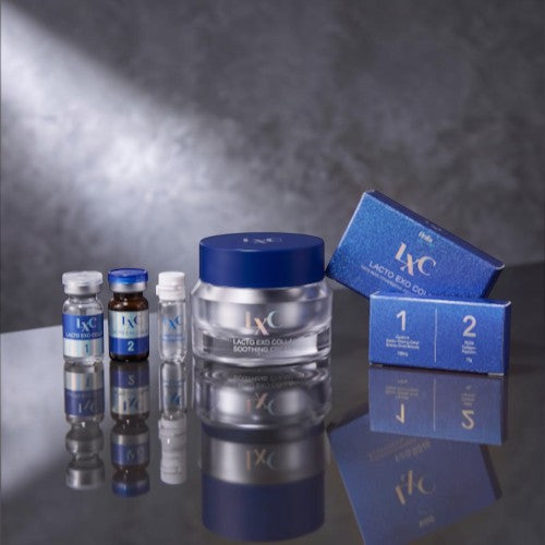DIY Skincare Lab™ LXC Exo-Glow Synergy Set featuring exosome skin enhancers, soothing cream, and vials on a dark surface.