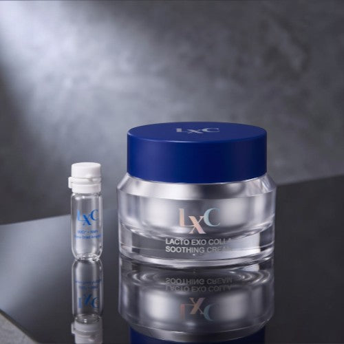 DIY Skincare Lab LXC Exo-Glow Synergy Set featuring a soothing cream jar and a small NAD+ NMN activator vial.