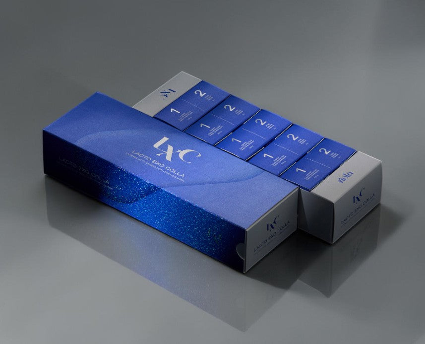 DIY Skincare Lab™ LXC Lacto Exo Colla conditioning skin enhancer set featuring blue and white product packaging boxes.
